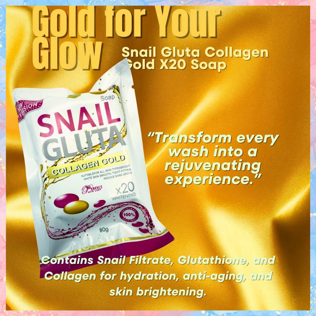 Snail Gluta Collagen Gold x20 Whitening Soap | 80G Charm Essentials - USA LLC Snail Gluta Collagen Gold x20 Whitening Soap | 80G Charm Essentials - USA LLC