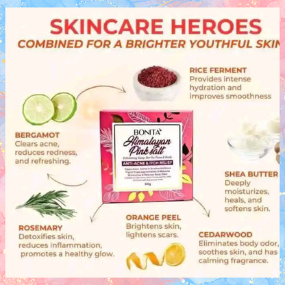 Bonita Himalayan Pink Salt Exfoliating Soap Bar | Anti-Acne & Itch Relief | 80G