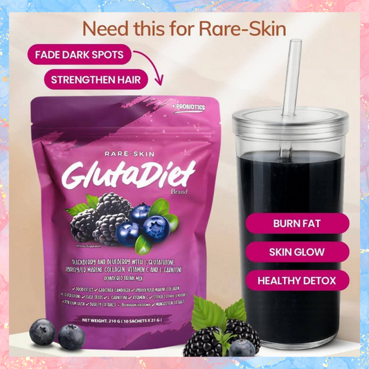 Rare Skin GLUTADIET Blackberry and Blueberry L-Glutathione, Hydrolyzed Marine collagen, Vitamin C and L-Carnitine Powdered Drink | 10sachets