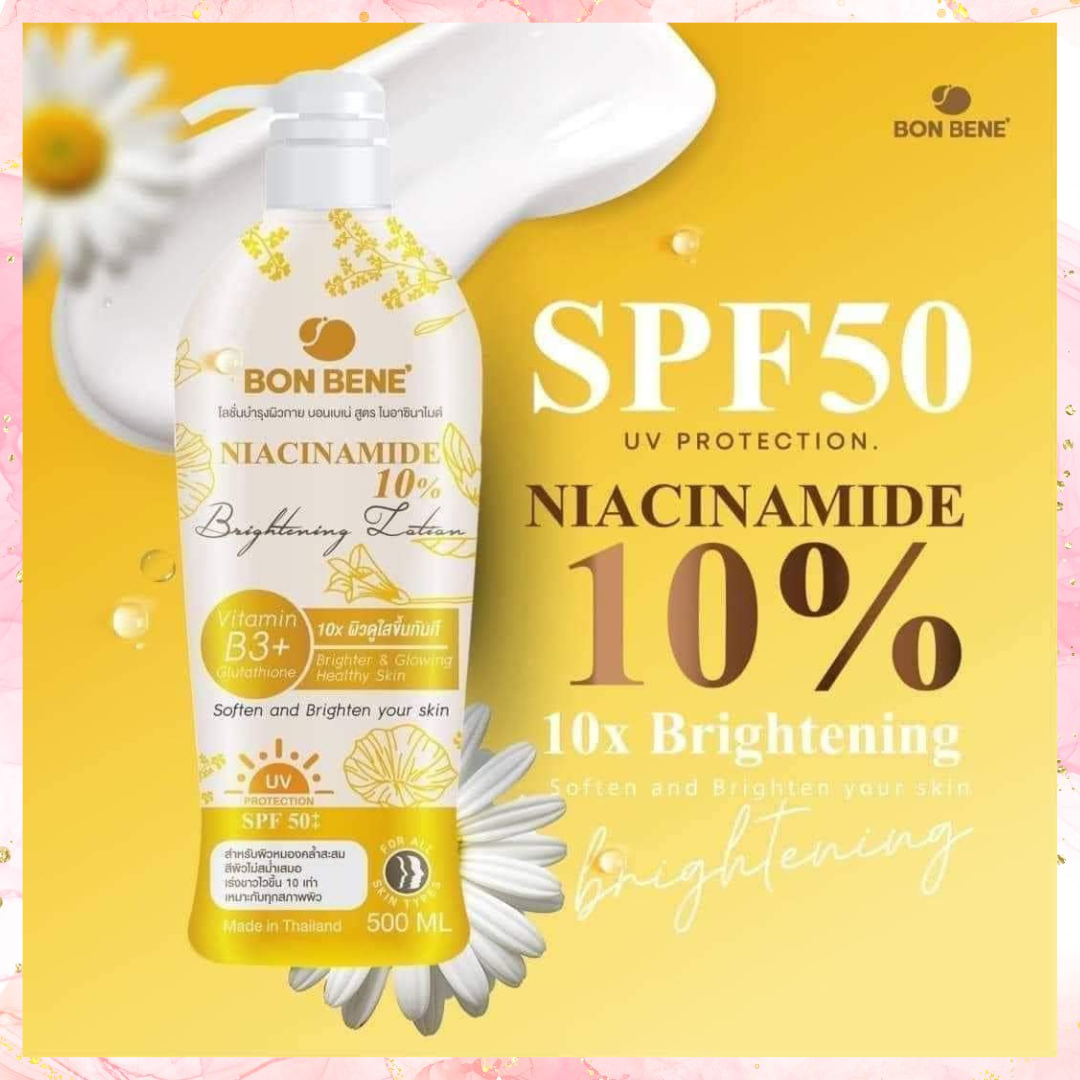 a bonne lotion with glutathione Miracle Spa Milk UV Whitening Plus Tomato Extract 500ml This luxurious lotion is packed with powerful ingredients that work together to nourish your skin and reduce blemishes BON BENE NIACINAMIDE BRIGHTENING LOTION