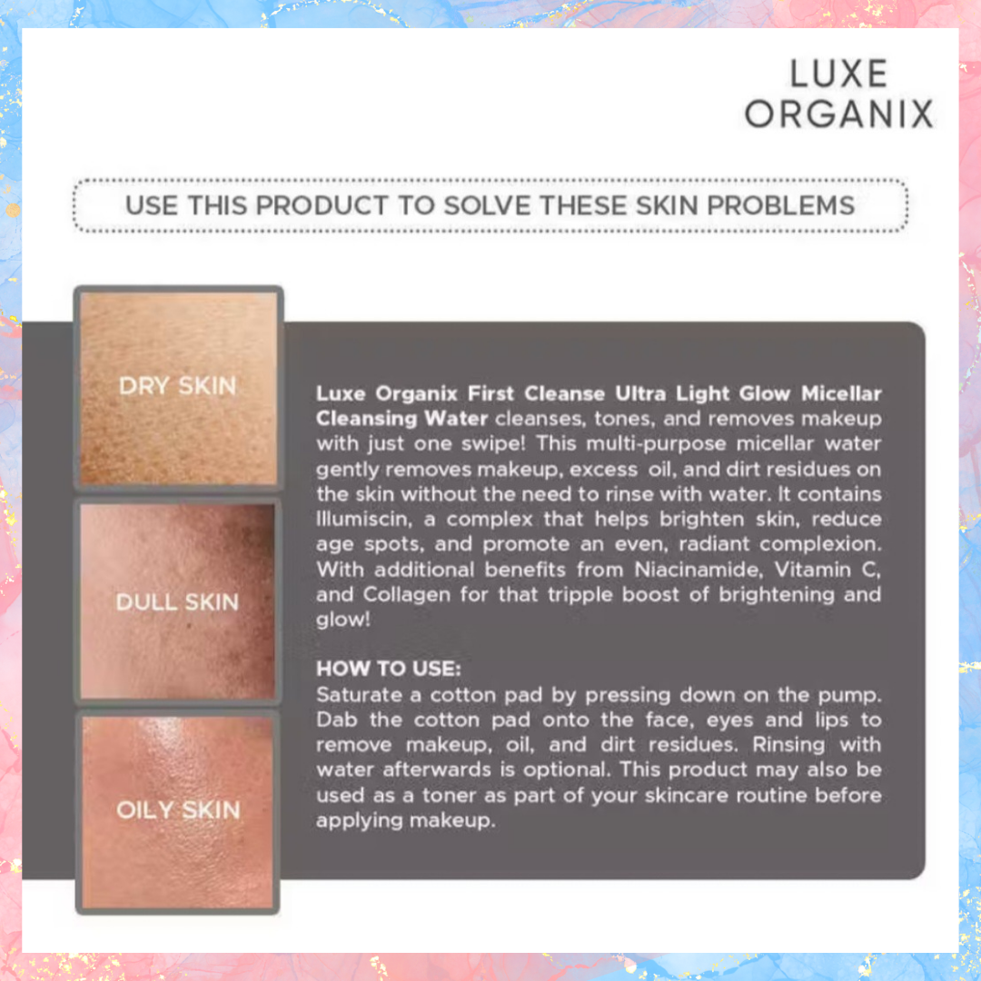 Luxe Organix First Cleanse Ultra Light Glow Micellar Cleansing Water | Alcohol Free | 300ML