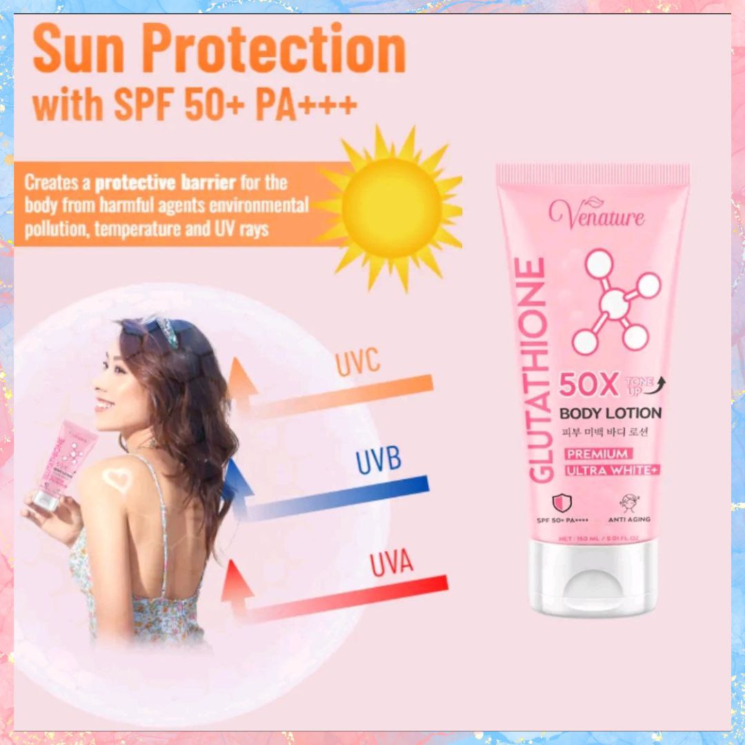Venature Glutathione 50x Tone up Premium Ultra White Body Lotion with SPF50 PA++++ | 150ML Venature Glutathione 50x Tone up Premium Ultra White Body Lotion with SPF50 PA++++ | 150ML
