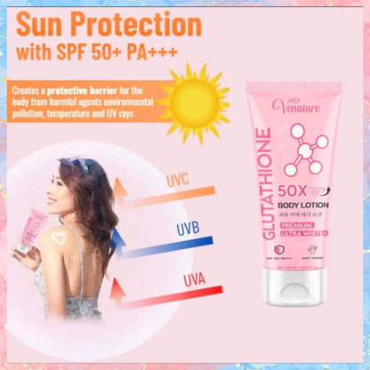 Venature Glutathione 50x Tone up Premium Ultra White Body Lotion with SPF50 PA++++ | 150ML