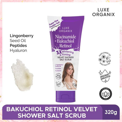 Luxe Organix Niacinamide + Bakuchiol Retinol Velvet Shower Salt Scrub | 320G